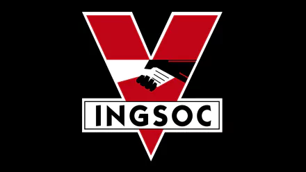 HD PC desktop wallpaper featuring the iconic red and black INGSOC logo from the movie adaptation of George Orwell's 1984.