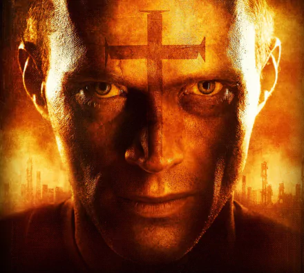 Close-up of Paul Bettany in a dramatic pose from the movie *Priest*, featuring intense lighting and a striking cross symbol on his forehead, set against an orange backdrop.