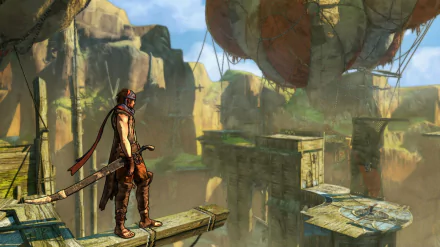 A stunning HD desktop wallpaper from Prince of Persia, featuring the protagonist standing on a ledge, overlooking a vast landscape with floating structures and a balloon in the distance.