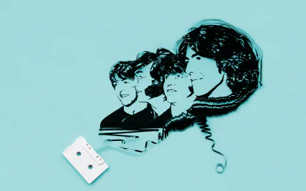 Minimalist HD desktop wallpaper showing four stylized musician profiles in black and a white cassette tape against a teal background.