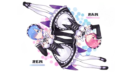 HD desktop wallpaper featuring Rem with blue hair and eyes, and Ram with pink hair and eyes, from the anime Re:Zero - Starting Life in Another World, dressed in black and white maid outfits.