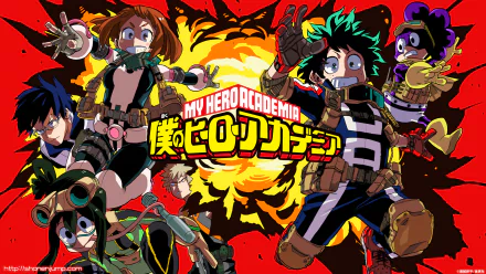HD desktop wallpaper featuring Katsuki Bakugou, Minoru Mineta, Tenya Iida, Tsuyu Asui, Ochaco Uraraka, and Izuku Midoriya from My Hero Academia, with an explosive background and the My Hero Academia logo.