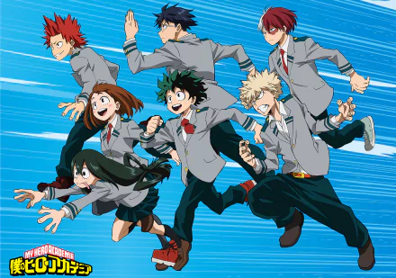 HD wallpaper featuring characters from My Hero Academia: Eijiro Kirishima, Tenya Iida, Shoto Todoroki, Katsuki Bakugou, Tsuyu Asui, Ochaco Uraraka, and Izuku Midoriya running against a blue background.