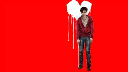 Nicholas Hoult in a striking scene from the movie Warm Bodies, set against a bold red background, serves as a captivating HD desktop wallpaper.