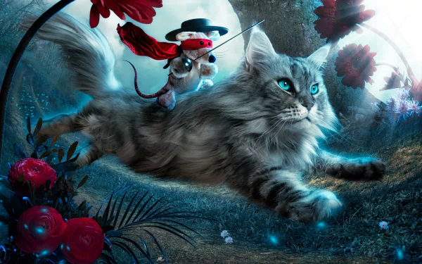 A whimsical fantasy scene featuring a majestic cat leaping through a mystical landscape, with a tiny character in a hat and cape riding on its back, surrounded by glowing flora.
