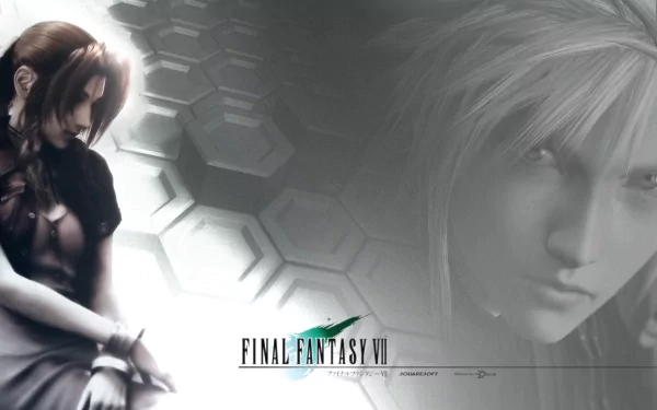 Aeris Gainsborough and another character from Final Fantasy VII featured in an HD PC desktop wallpaper with a hexagonal pattern background.