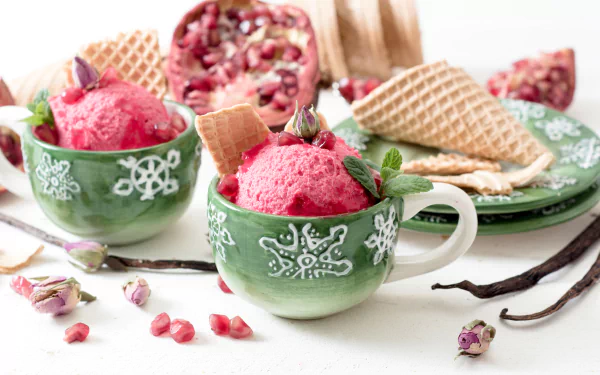 A vibrant summer dessert of pink ice cream served in green cups with waffle cones, garnished with mint and pomegranate seeds, captured in 4K Ultra HD quality.