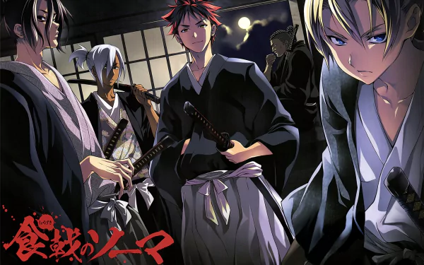 HD desktop wallpaper featuring characters from the anime Food Wars: Shokugeki no Soma (Shokugeki No Soma). From left to right: Akira Hayama, Ryō Kurokiba, Sōma Yukihira, Subaru Mimasaka, and Takumi Aldini.
