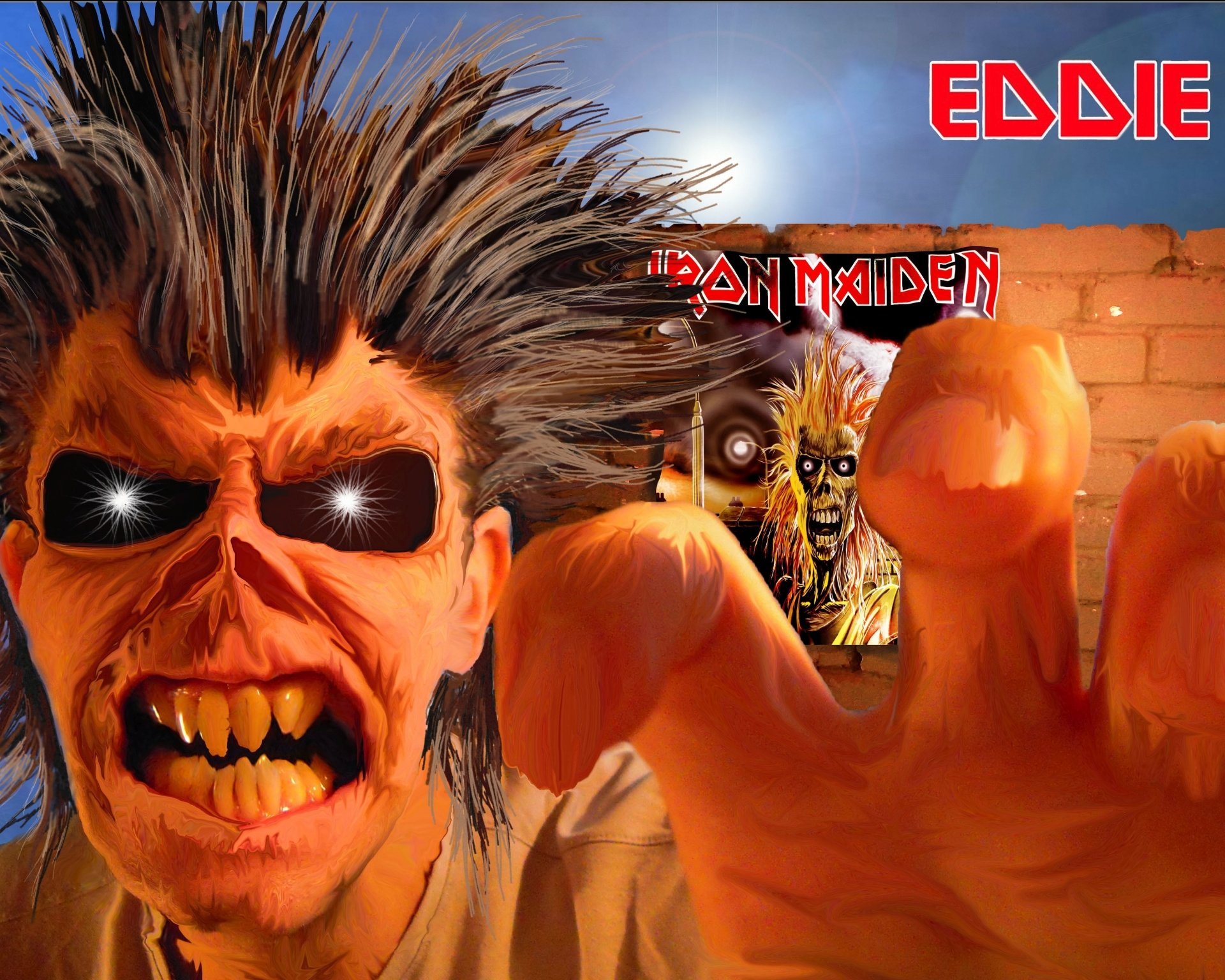 5K Ultra HD PC desktop wallpaper of Iron Maiden's Eddie: menacing face with wild hair, black shades, bared fangs and outstretched hand against a brick wall, music band logo.