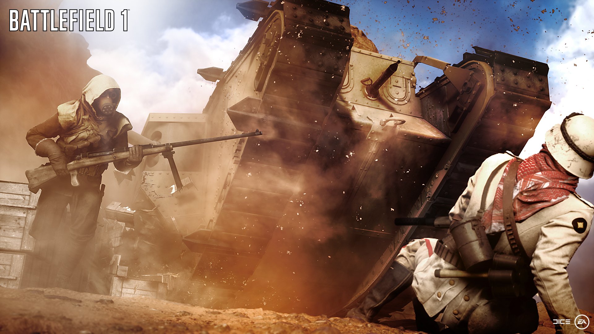 An HD desktop wallpaper featuring intense action from Battlefield 1, showcasing soldiers in combat with a tank amidst a dramatic, dust-filled environment.