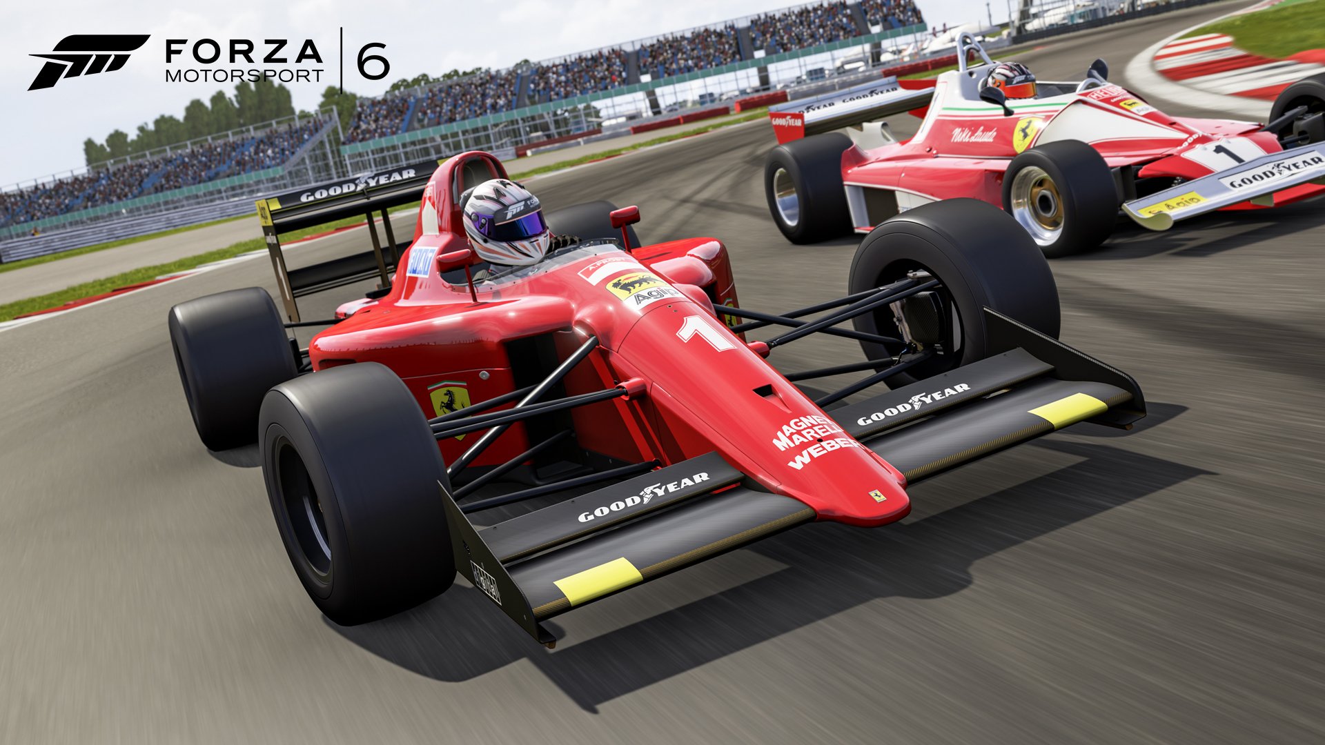 HD PC desktop wallpaper featuring vintage Formula 1 race cars in action from the video game Forza Motorsport 6, showcasing dynamic racing on a professional track.
