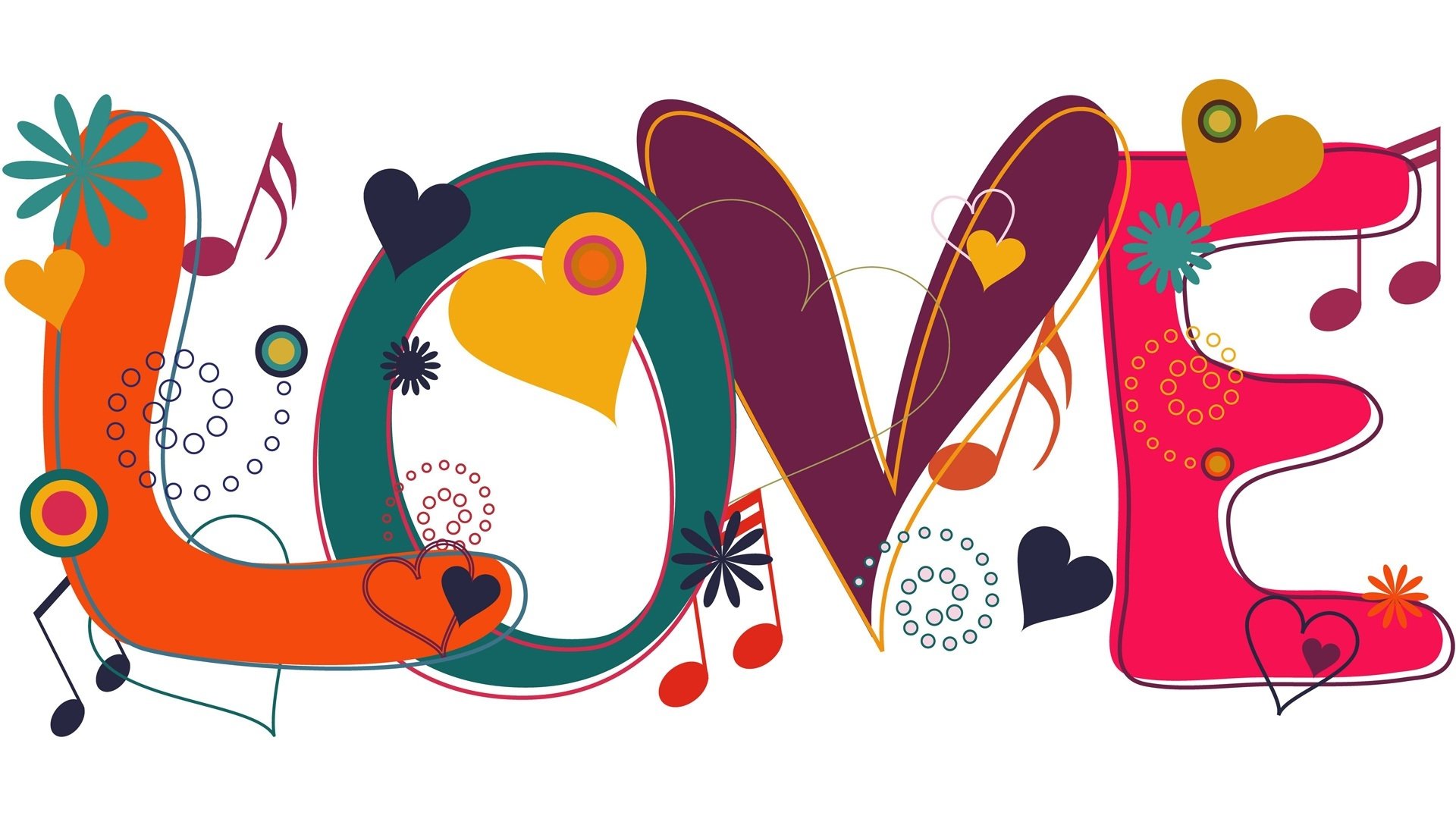 Colorful artistic design featuring the word LOVE embellished with hearts and musical notes. A vibrant HD wallpaper that celebrates affection and creativity.