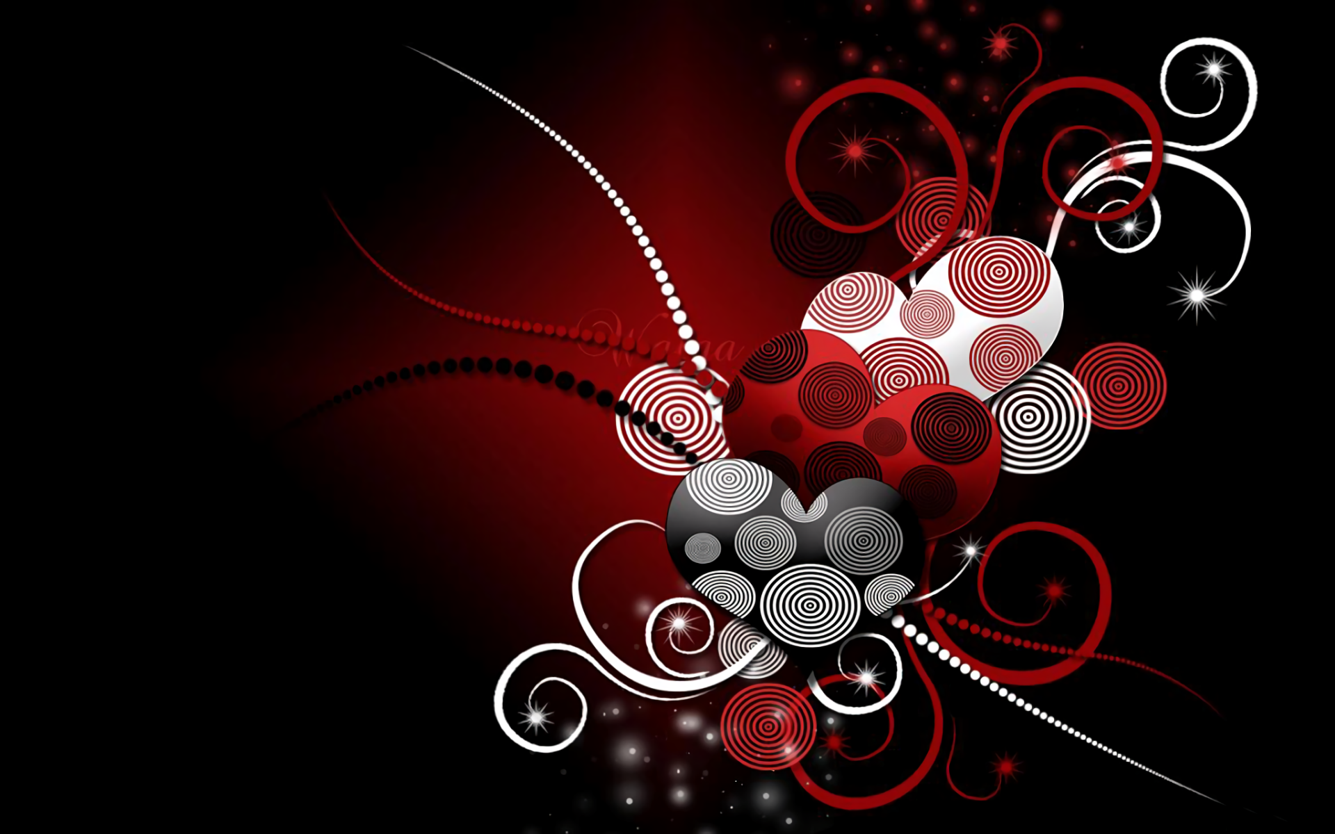 A striking HD wallpaper featuring artistic black and white hearts intertwined with vibrant red swirls, embodying love and creativity in a bold design.