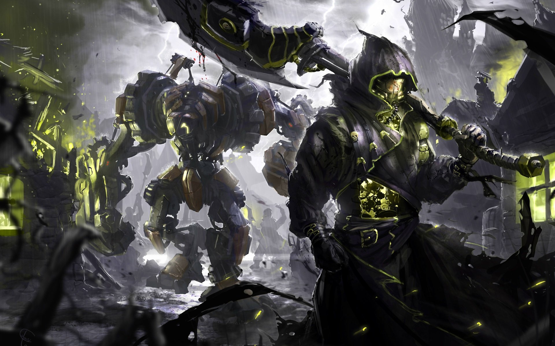 A dynamic fantasy warrior stands ready for battle alongside a towering mechanical companion in this striking HD wallpaper, featuring dramatic lighting and intense colors.