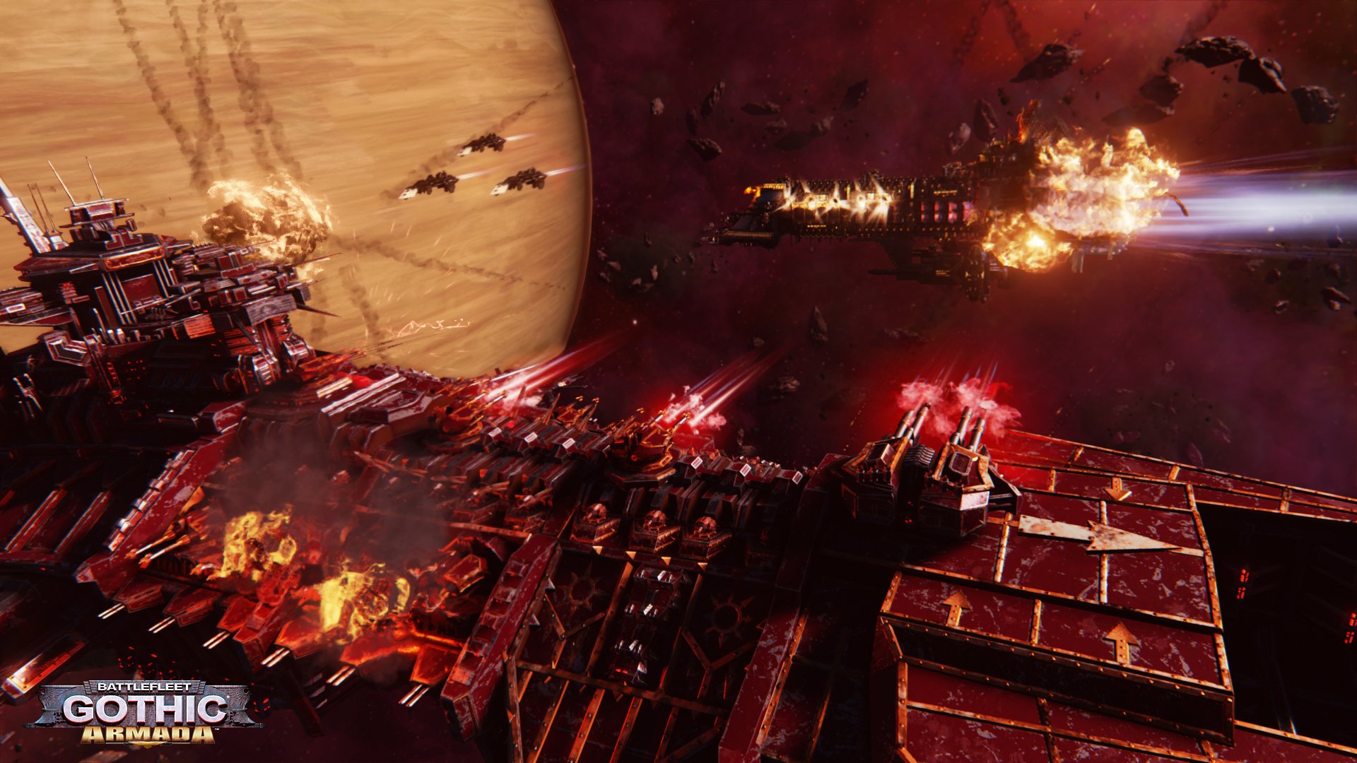 HD wallpaper of Battlefleet Gothic: Armada featuring spaceships engaged in epic space battle with fiery explosions.