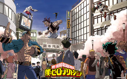 A dynamic scene from My Hero Academia featuring Enji Todoroki, Izuku Midoriya, and Desutegoro amidst a bustling city backdrop, capturing the energy of the anime in vibrant detail.