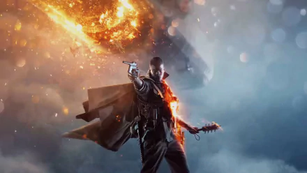 HD desktop wallpaper of Battlefield 1 featuring a soldier holding a weapon with an explosion in the background.