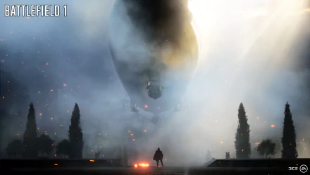 HD desktop wallpaper of Battlefield 1, featuring a soldier standing amidst smoke with a looming airship overhead and trees surrounding the scene.