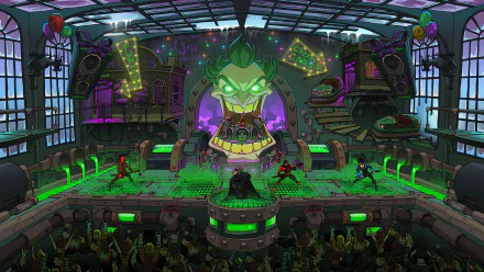 HD PC desktop wallpaper featuring Joker's Funland with Batman, Robin, Red Robin, Nightwing, Red Hood, and the Batcave in a dark, music-themed Batmetal concert scene.