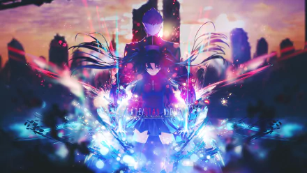 Anime HD wallpaper featuring Rin Tohsaka and Archer from Fate/Stay Night: Unlimited Blade Works. Rin stands with long hair, in a skirt and thigh highs, against a colorful and vibrant backdrop.