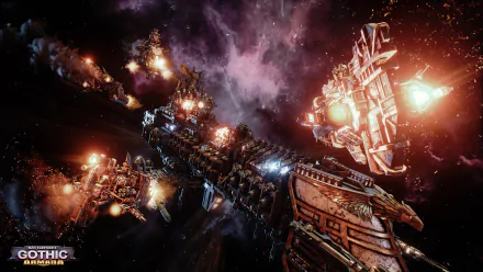 HD wallpaper of a spaceship battle from Battlefleet Gothic: Armada set in the Warhammer 40k universe.