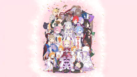 HD wallpaper featuring characters from the anime Re:Zero - Starting Life in Another World on a pink background with sparkling effects.