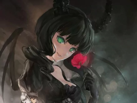 A captivating HD wallpaper featuring Dead Master from Black Rock Shooter, showcasing her striking green eyes, horns, and dark attire against a mystical backdrop.