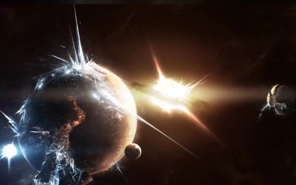 HD Sci-Fi desktop wallpaper of a planet's surface exploding in space, with immense sunlight beaming from behind.