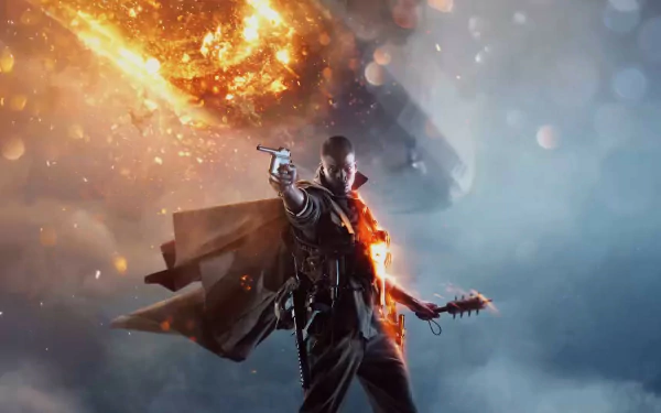 HD desktop wallpaper of Battlefield 1 featuring a soldier holding a weapon with an explosion in the background.