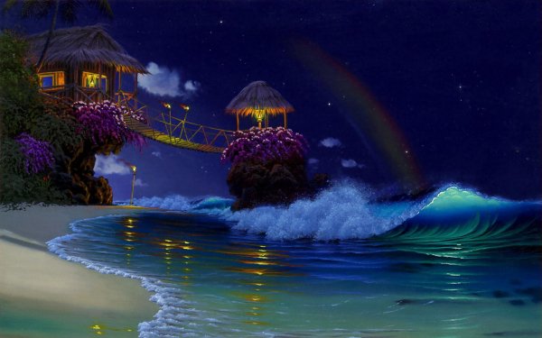 Artistic Ocean Sea Rainbow Sky Night HD Wallpaper | Background Image