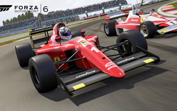 HD PC desktop wallpaper featuring vintage Formula 1 race cars in action from the video game Forza Motorsport 6, showcasing dynamic racing on a professional track.