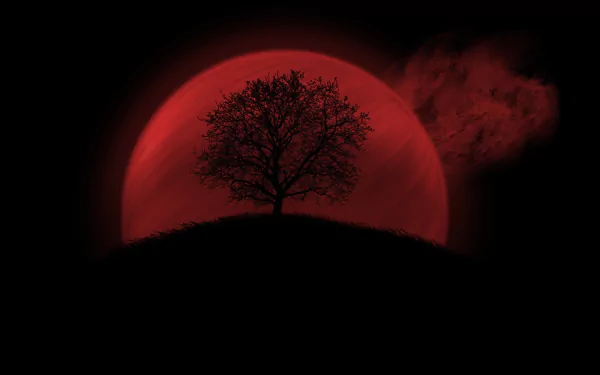 HD desktop wallpaper featuring a red blood moon glowing behind the silhouette of a lone tree, creating a striking and artistic nighttime scene.