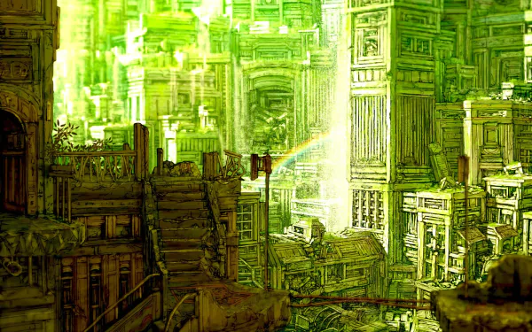 HD anime cityscape with intricate, futuristic buildings bathed in vibrant green light, captured as a detailed PC desktop wallpaper and background.