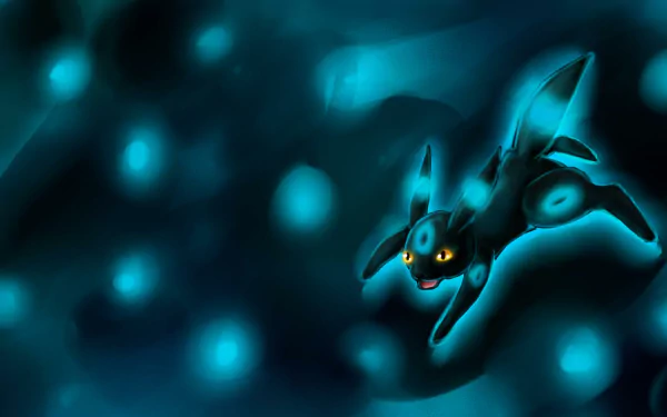 HD desktop wallpaper featuring the Pokémon Umbreon, set against a glowing blue bokeh background.