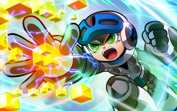 HD desktop wallpaper of Mighty No. 9, featuring the main character in action with vibrant blasts and sharp graphics.