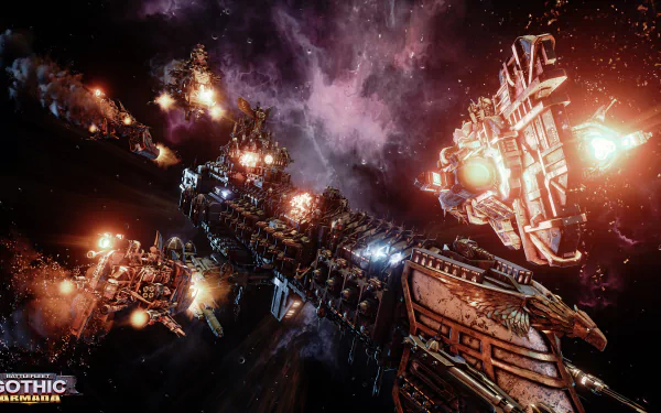 HD wallpaper of a spaceship battle from Battlefleet Gothic: Armada set in the Warhammer 40k universe.