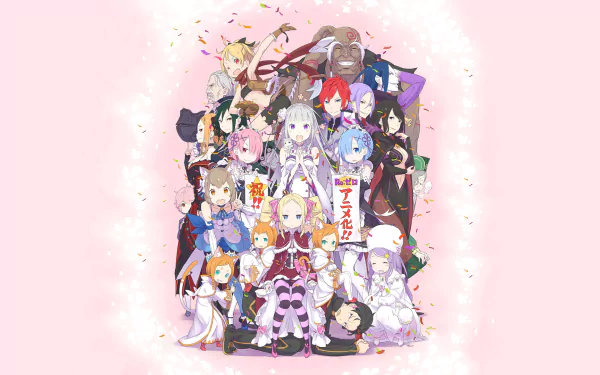 HD wallpaper featuring characters from the anime Re:Zero - Starting Life in Another World on a pink background with sparkling effects.