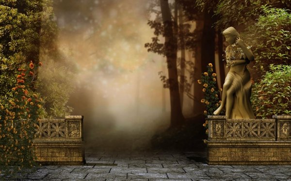 Artistic Statue Courtyard Fantasy Flower HD Wallpaper | Background Image