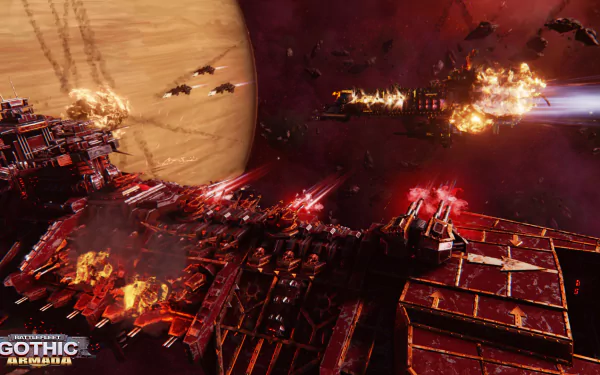 HD wallpaper of Battlefleet Gothic: Armada featuring spaceships engaged in epic space battle with fiery explosions.