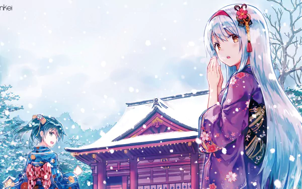 Anime characters Zuikaku and Shoukaku from Kancolle stand in a snowy scene, dressed in traditional attire, with a serene temple in the background, creating a vibrant HD desktop wallpaper.