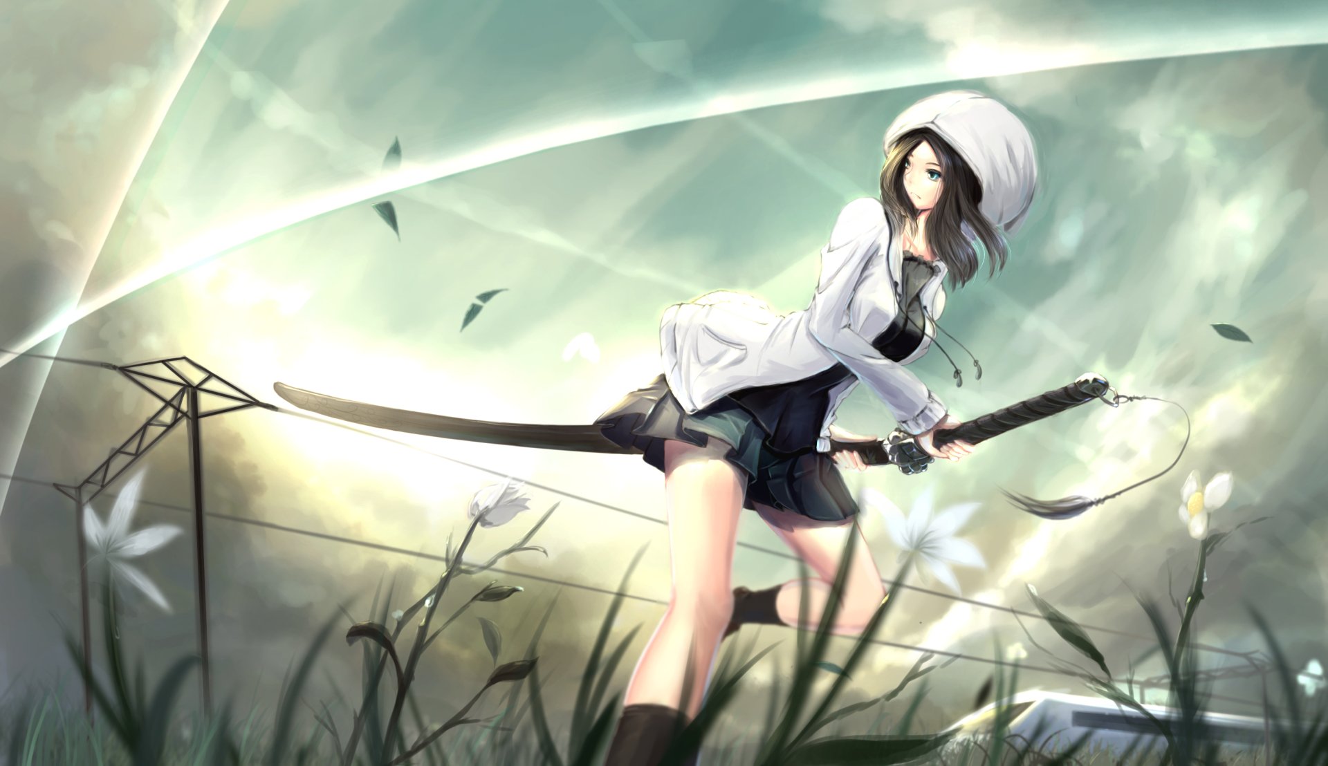 Anime-style original HD desktop wallpaper featuring a girl in a white hoodie wielding a long sword in a misty, grassy field with soft lighting.