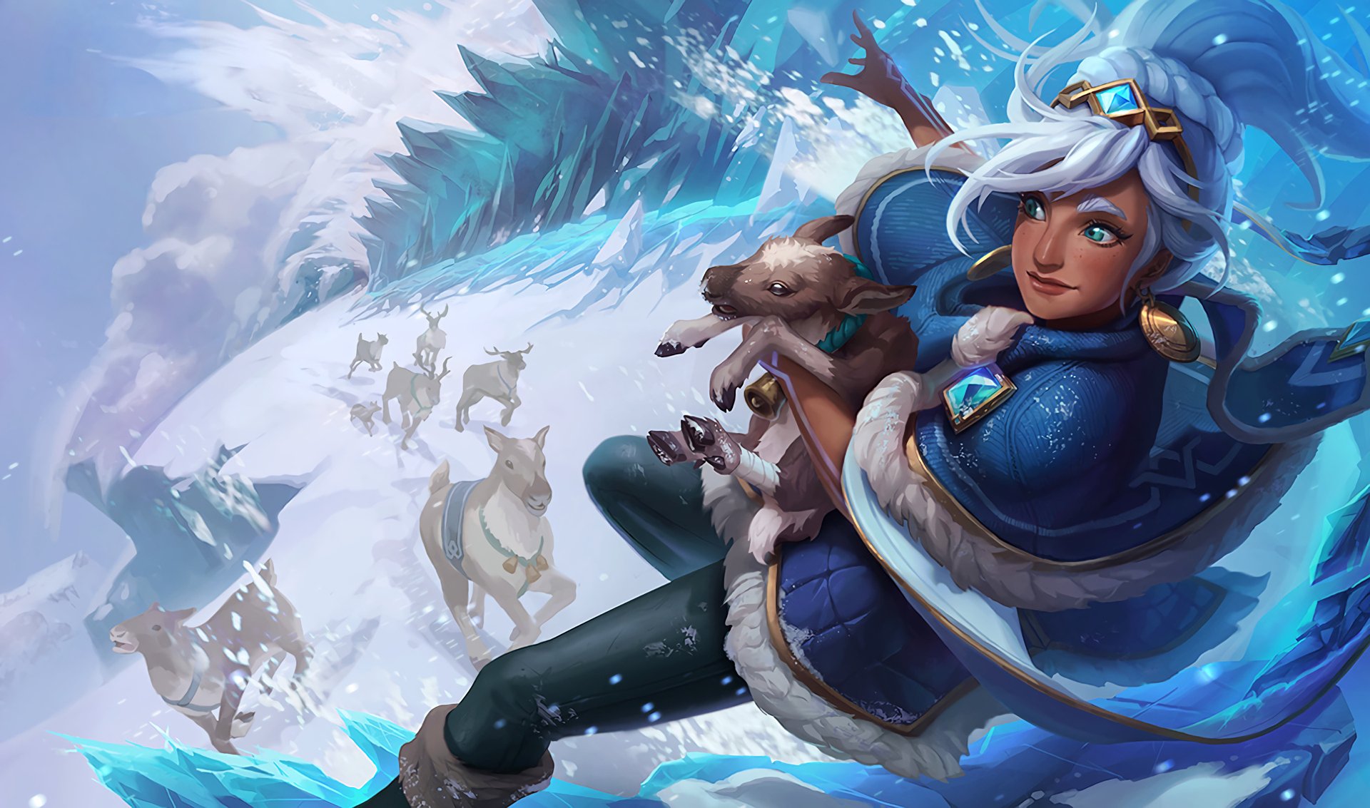 HD PC desktop wallpaper featuring Taliyah from League of Legends, showcasing her in a dynamic snowy landscape with wolves in the background.