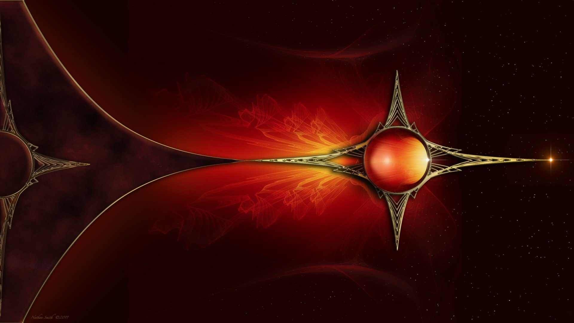 Abstract HD desktop wallpaper featuring a gold and orange design with a jewelry-inspired central orb and intricate metallic elements on a dark, glowing background.