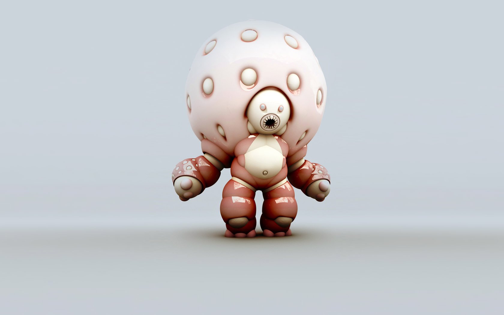 Artistic digital art HD PC desktop wallpaper featuring a stylized, round-headed robot with a segmented, bulky body against a minimal gray background.