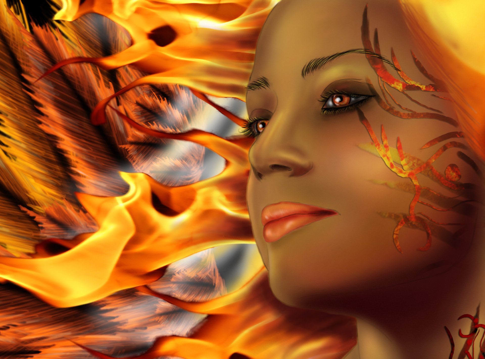 Fantasy portrait of a woman with glowing orange eyes, fiery hair and ember-like markings amid swirling flames and vivid colors — 2K Quad HD PC desktop wallpaper background.