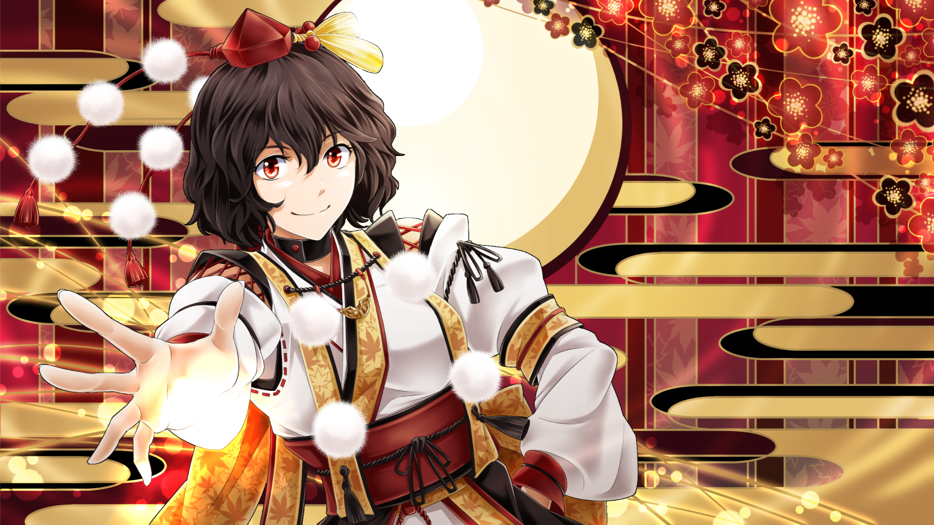 Aya Shameimaru (Touhou) in ornate shrine-maiden outfit, reaching out amid swirling paper talismans and a golden-red decorative backdrop — HD PC anime desktop wallpaper.