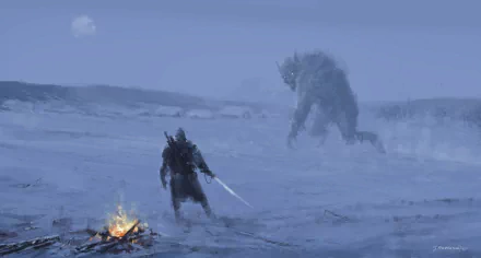Geralt of Rivia stands resolutely with a sword drawn, facing a massive creature in the snowy landscape, illuminated by a bonfire, from The Witcher 3: Wild Hunt.