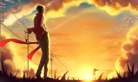 An HD wallpaper featuring Ayano Tateyama and Shintaro Kisaragi from the Kagerou Project, set against a vibrant sunset with clouds and power lines, creating an atmospheric scene.