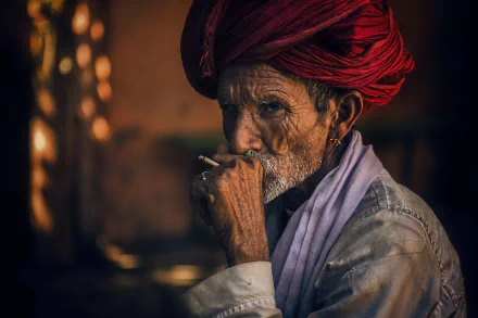 A man with a red turban smokes a cigarette, showcasing a moment of contemplation. This HD wallpaper captures the essence of smoking culture through striking photography.