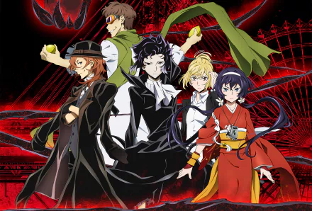 A dynamic HD wallpaper featuring characters Motojirou Kajii, Chuuya Nakahara, Kyōka Izumi, Ichiyou Higuchi, and Ryūnosuke Akutagawa from the anime Bungou Stray Dogs.